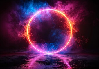 Abstract blue and purple glowing ring frame on a black background illustration design with space for text, 3D rendering effect. Magic circle logo or banner template in the style of science concept. Ge