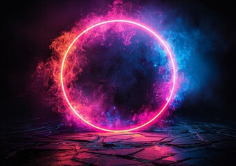 Abstract blue and purple glowing ring frame on a black background illustration design with space for text, 3D rendering effect. Magic circle logo or banner template in the style of science concept. Ge