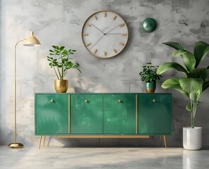 3D rendering of a green sideboard in a minimalistic interior with a concrete floor and wall, a...