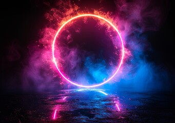 Abstract colorful circles and light effects form background, with a glowing neon line ring frame on a black isolated background leaving space for text . illustration in the style of 3d rendering. Gene