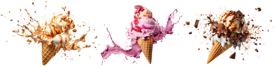 Set of delicious ice cream explosions, cut out - obrazy, fototapety, plakaty