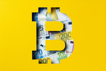 Euro banknote heap under yellow paper cutout, Bitcoin icon