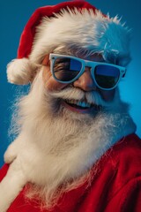 Portrait of Santa Claus with sunglasses  isolated on blue background