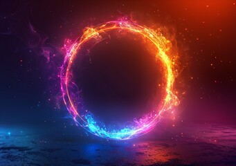 Abstract colorful circles and light effects form background, with a glowing neon line ring frame on a black isolated background leaving space for text . illustration in the style of 3d rendering. Gene