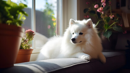 Quiet Companion, A Japanese Spitz in Family Apartments. Generated AI