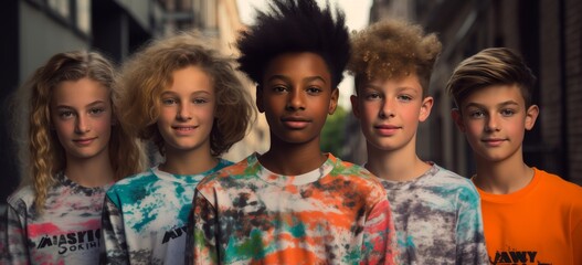 Fototapeta premium young boys and girls with brown hair and brown t-shirts are standing together