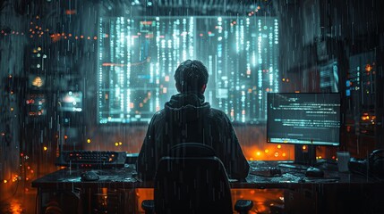 A dark room with binary code and data flowing in the air. A computer screen on a table in the center of the scene. A person sitting at a desk looking into the camera in a futuristic style. Generative 