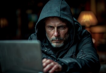 A hacker in a black hoodie sitting at a table with a laptop computer against a dark background. Soft studio lighting, with highly detailed, fine details in the style of stock photo quality photography