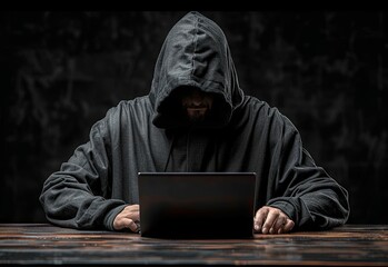 A hacker in a black hoodie sitting at a table with a laptop computer against a dark background. Soft studio lighting, with highly detailed, fine details in the style of stock photo quality photography