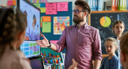 A teacher is standing in front of the whiteboard, teaching students using interactive technology and AI tools to create educational visuals on a digital touch screen in the classroom