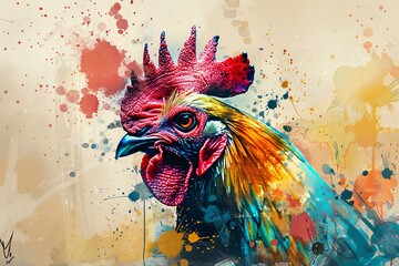 a rooster with splattered paint - obrazy, fototapety, plakaty
