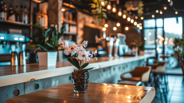 This image captures the ambiance of a warm and intimate cafe interior with delicate orchids on the counter