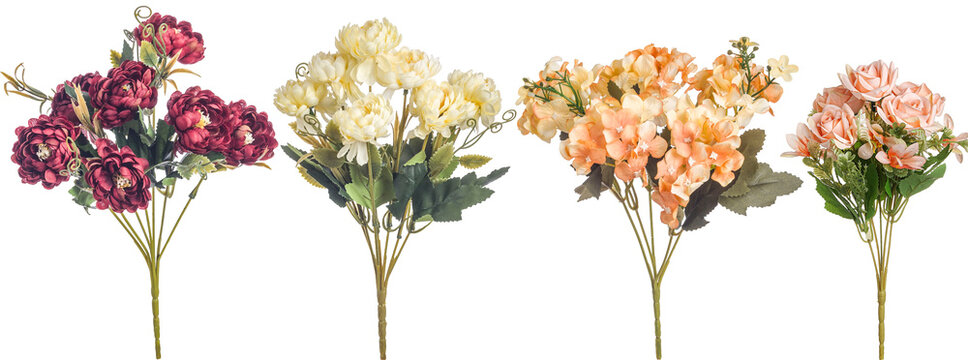 Bouquet of roses and peonias with different colors on transparent background