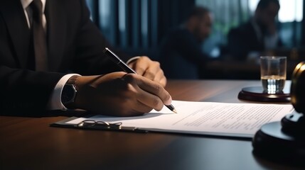 Attorney Consulting Client in Office with Legal Paperwork and Contract Signature Generative AI