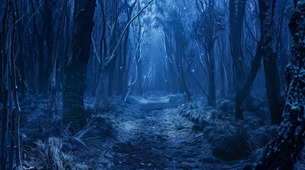 A surreal blue toned pathway through a spooky and mysterious nighttime forest scene evokes suspense