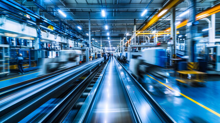 Obraz premium Fast-paced view of a bustling manufacturing plant with workers and machinery operating seamlessly