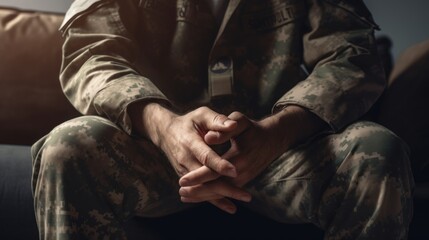 Military Man Seeking Support for Mental Health and Depression Generative AI - obrazy, fototapety, plakaty