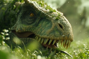 A dinosaur chews grass