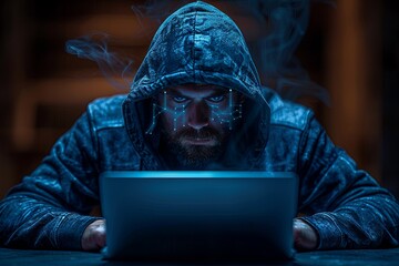 A hacker in a dark blue hoodie with a laptop, in the style of cyber security concept on a black background. A dark hooded figure placed computer, icon and code symbols. Ensuring network service throug