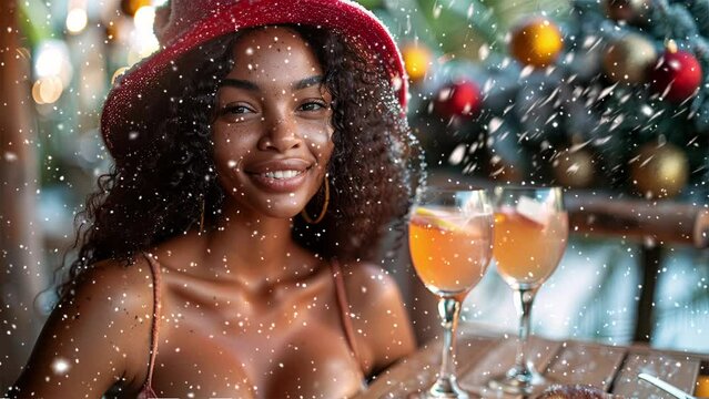 Black young woman close-up.  Black woman wearing a red Christmas hat. Golden skin. A smile. A positive body. Generative AI.