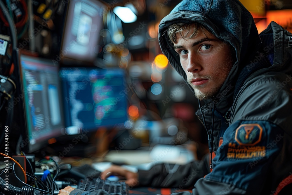 Wall mural A hacker in a hoodie sitting at a desk with computer monitors and network cables, surrounded by a dark room. Generative AI