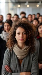 Obraz premium A woman with curly hair stands in front of a crowd of people