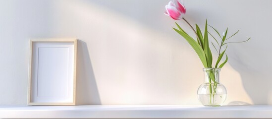 A simple vase filled with colorful flowers sitting on a shelf against a white wood background. The flowers add a pop of color to the room, creating a vibrant and inviting atmosphere.