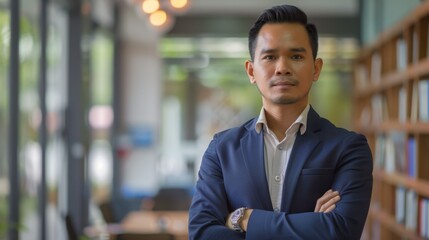 Fototapeta premium portrait of successful senior businessman consultant looking at camera and smiling inside modern office building