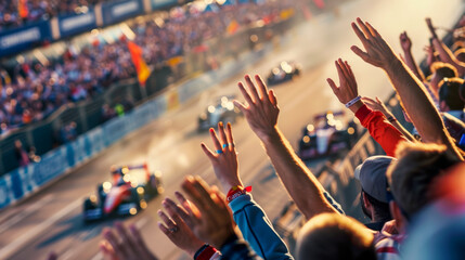 Dynamic image of high-speed racing cars passing by a crowd of ecstatic spectators during a competitive race event