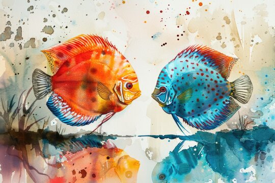 A painting of two colorful fish on a white surface, watercolor illustration, orange and blue discus fish in aquarium.