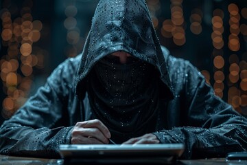 A hacker in a hoodie with a faceless mask sitting at a table and working on a laptop, against a digital dark background with code and binary numbers. Concept of a hacker working. Generative AI