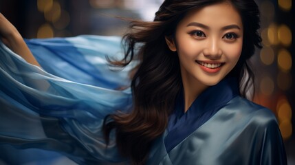 Obraz premium A woman is wearing a blue dress and holding a blue cloth