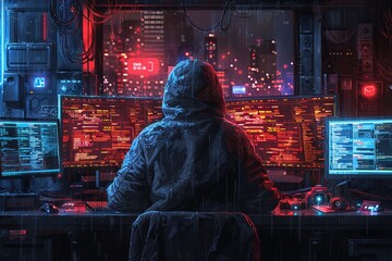 Obraz premium A hacker in a hoodie with the hood up, sitting at a computer desk surrounded by multiple monitors displaying code and data. The dark room is illuminated only by neon lights, creating an atmosphere of 