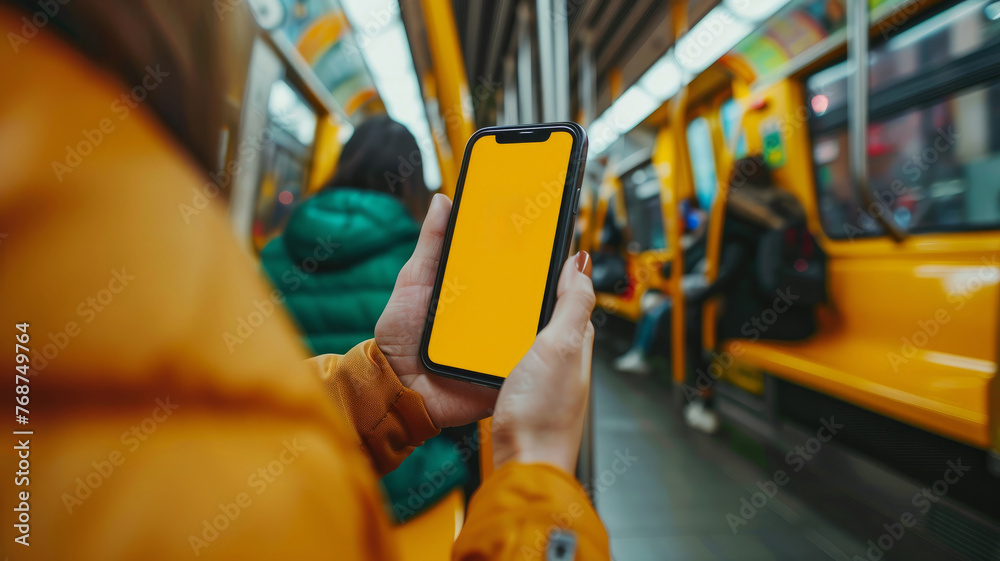 Wall mural a woman is holding a phone in a subway car. close-up photo of a girl's hand holding an iphone inside