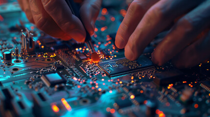 Skilled Technician at Work: Repairing Electronic Motherboard with Precision. Generative AI.