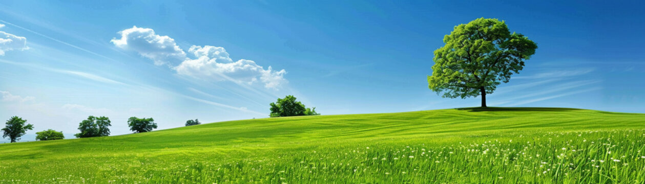 Landscape photo of a green environment with clear blue skies, symbolizing the beauty and importance of nature protection.
