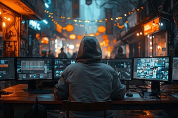 A hacker in the hood is sitting at his desk and looks into three monitors, on which he sees system information. He uses them to break the computer security of an office building where other people wor