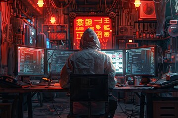 A hacker in the hood is sitting at his desk and looks into three monitors, on which he sees system information. He uses them to break the computer security of an office building where other people wor