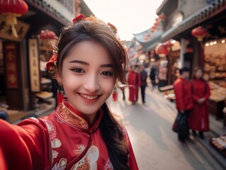 A woman in a red dress is smiling and taking a selfie