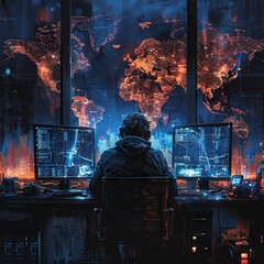 A hacker sitting at his desk in the dark with several monitors, on which he is working on an attack plan for all countries of the planet Earth, in the style of a cyber security concept illustration. G