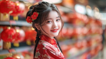 Fototapeta premium A woman wearing a red dress and a red headband is smiling
