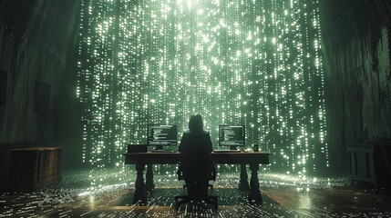 A dark room with binary code and data flowing in the air. A computer screen on a table in the center of the scene. A person sitting at a desk looking into the camera in a futuristic style. Generative 