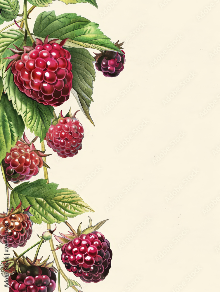 Poster Vintage illustration of boysenberries with green foliage.