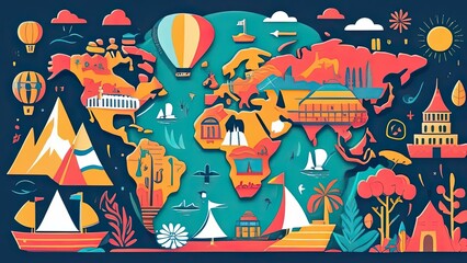 A colorful map of the world with a palm tree and a boat. The map is filled with various landmarks and cities, including the Eiffel Tower, the Great Wall of China, and the Taj Mahal