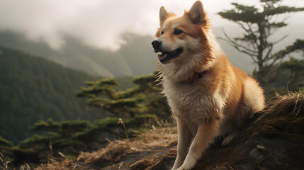 Wild Spirit, A Kai Ken Dog in Japanese Mountain Ranges. Generated AI