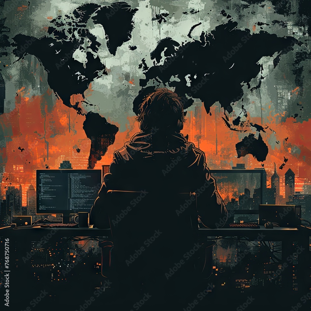 Wall mural dark hacker silhouette sitting at a table with computers and a map of the world in the background, illustration for stock photo, in the style of digital art. Generative AI