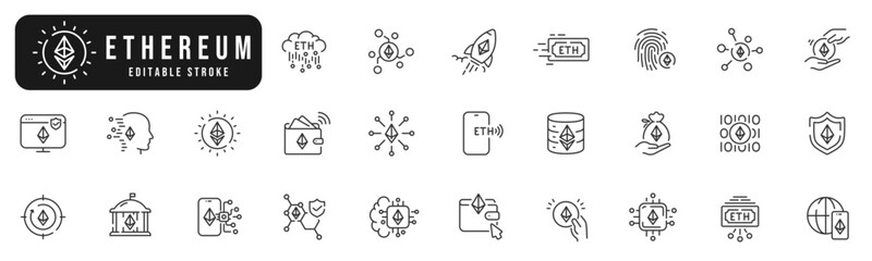 Set of ethereum line icons. Coin, crypto, money, computer, finance, wallet etc. Editable stroke