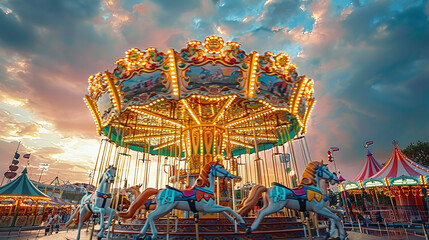 long exposure of carousel at a fair park on a sunset, summer time outdoor activity, summer fun - obrazy, fototapety, plakaty