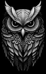 Modern drawing of an owl. Black and white art style illustration.