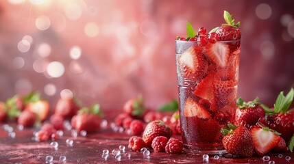 Refreshing Iced Tea With Strawberries and Mint - obrazy, fototapety, plakaty